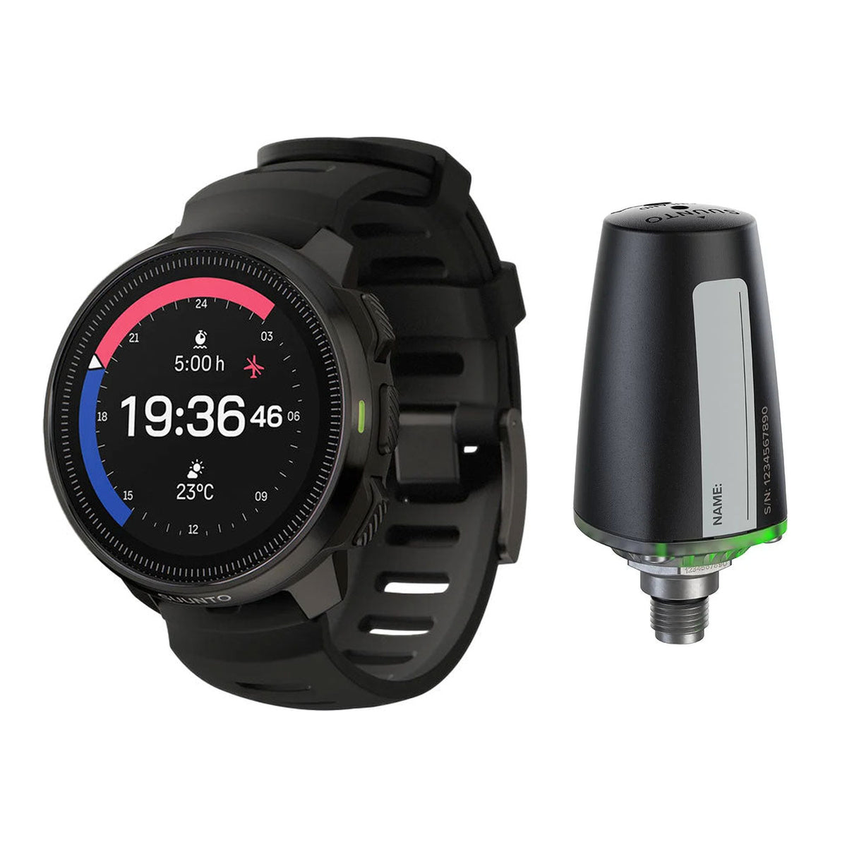 Suunto Ocean dive computer in all black with Suunto Tank POD
