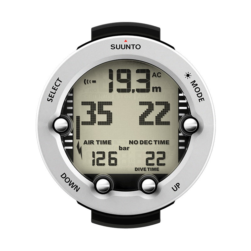 Suunto Vyper Novo dive computer with a white bezel, front view showing depth, air time and no-decompression time