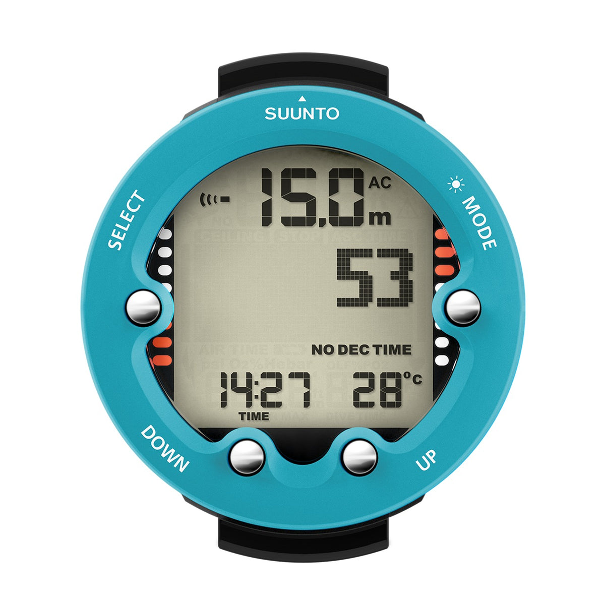 Suunto Zoop Novo dive computer in aqua, showing depth and no-decompression time