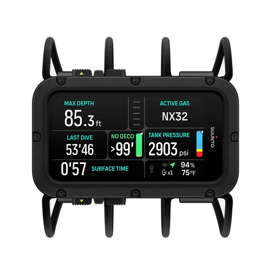 Suunto Nautic on its bungee strap, front view showing maximum depth, active gas and tank pressure