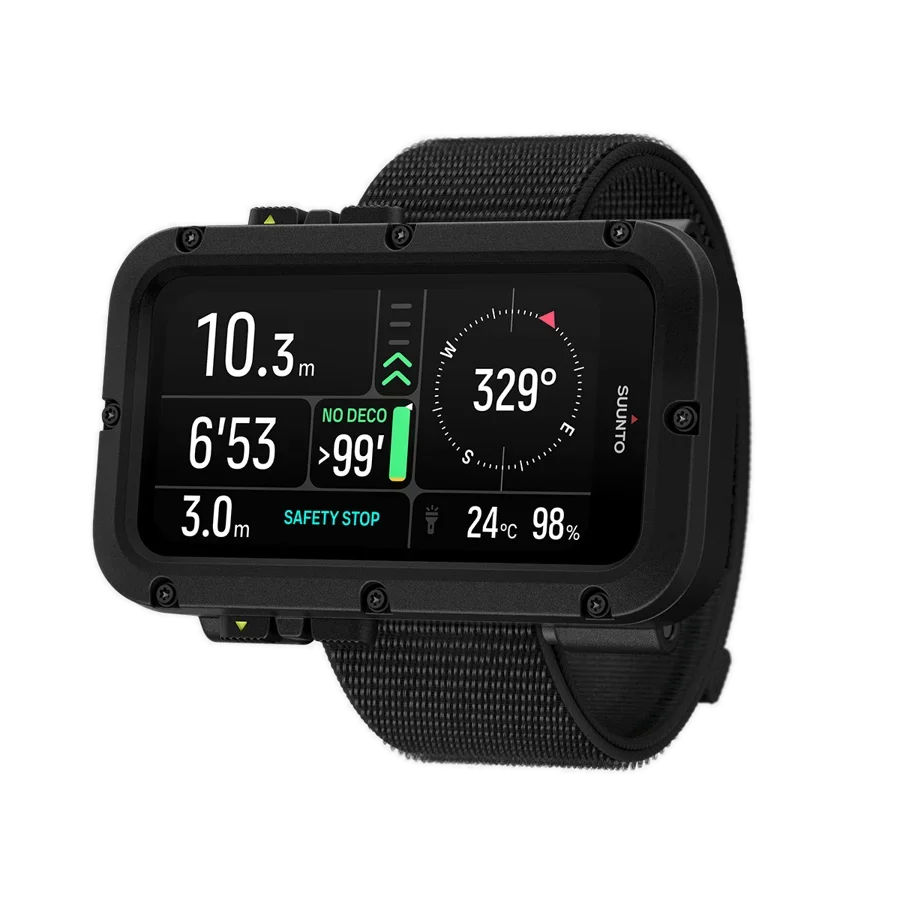 Suunto Nautic on a textile strap, angled view showing the dive compass screen at 329 degrees