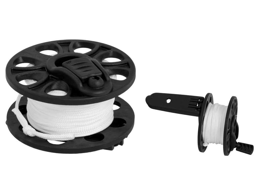 Tecline Delrin spool with fold-out winch handle and white line, face and side views