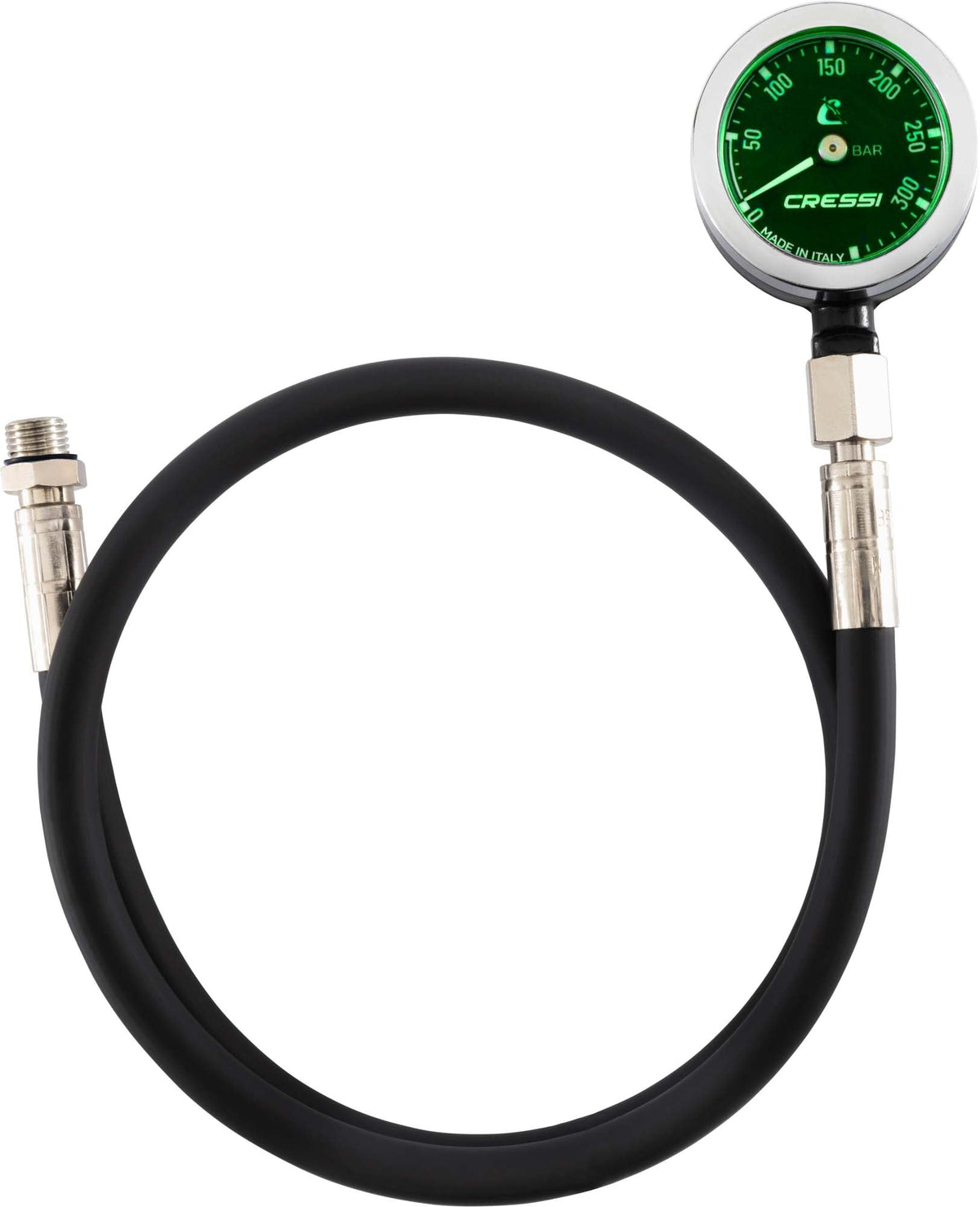 Compact pressure gauge with a green luminous dial on a looped high-pressure hose