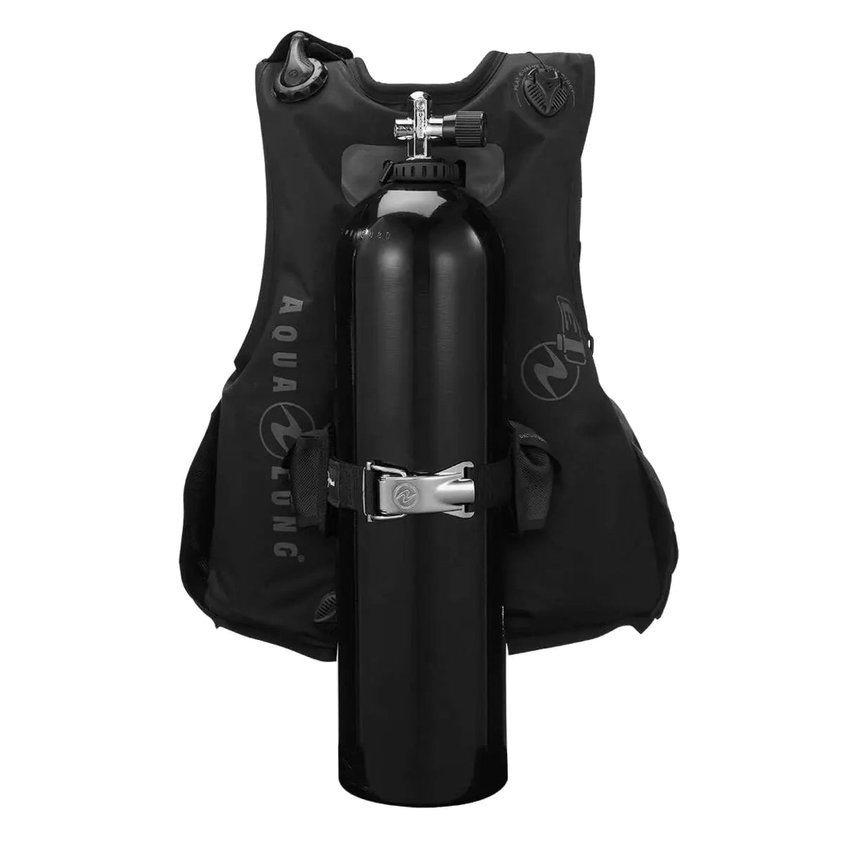 Aqua Lung tank buckle with GripLock fitted to a cylinder band, side view of the stainless cam lever and webbing