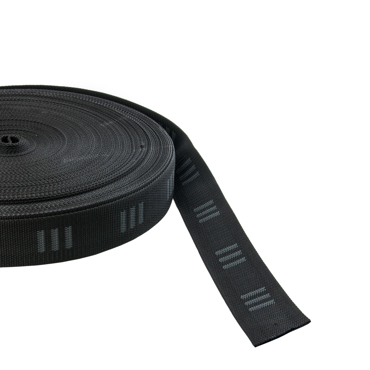 Roll of Tecline soft black 50 mm harness webbing with grey E logo