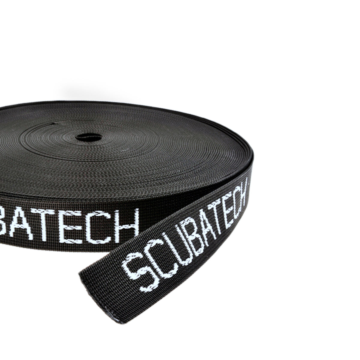 Roll of Scubatech black 50 mm webbing with the Scubatech name woven in
