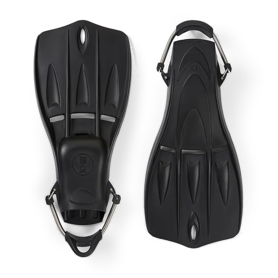 Pair of Fourth Element Tech fins in grey with orange spring straps, shown blade up and foot pocket up