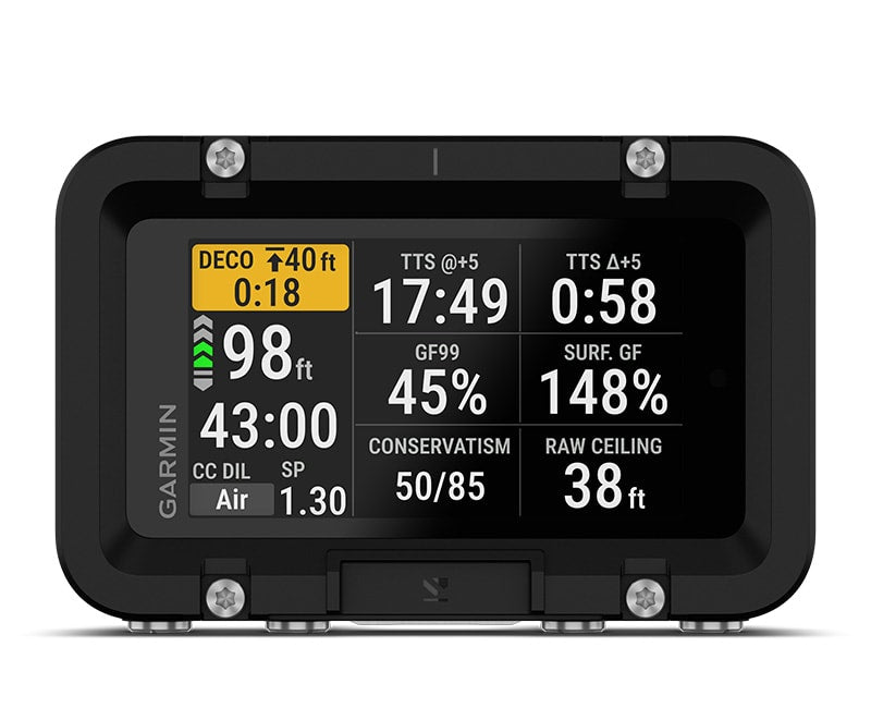 Garmin Descent X50i showing a decompression screen with gradient factors and ceiling