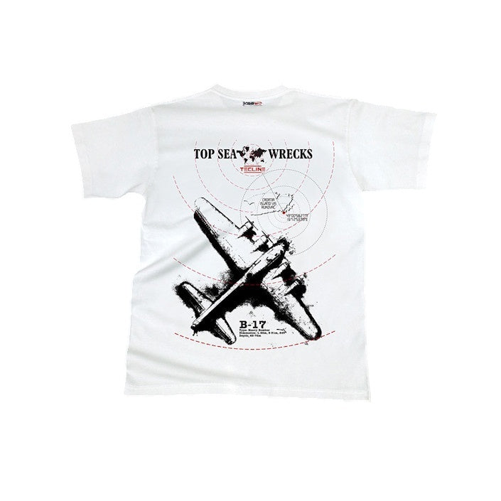 Tecline black B-17 T-shirt with a grey bomber print, map and red range rings