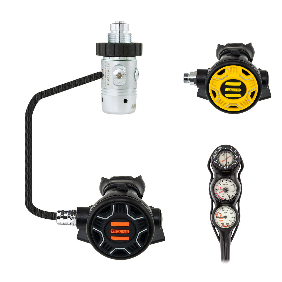 Tecline R1 REC1 regulator with yellow REC1 octopus and EVO pressure gauge