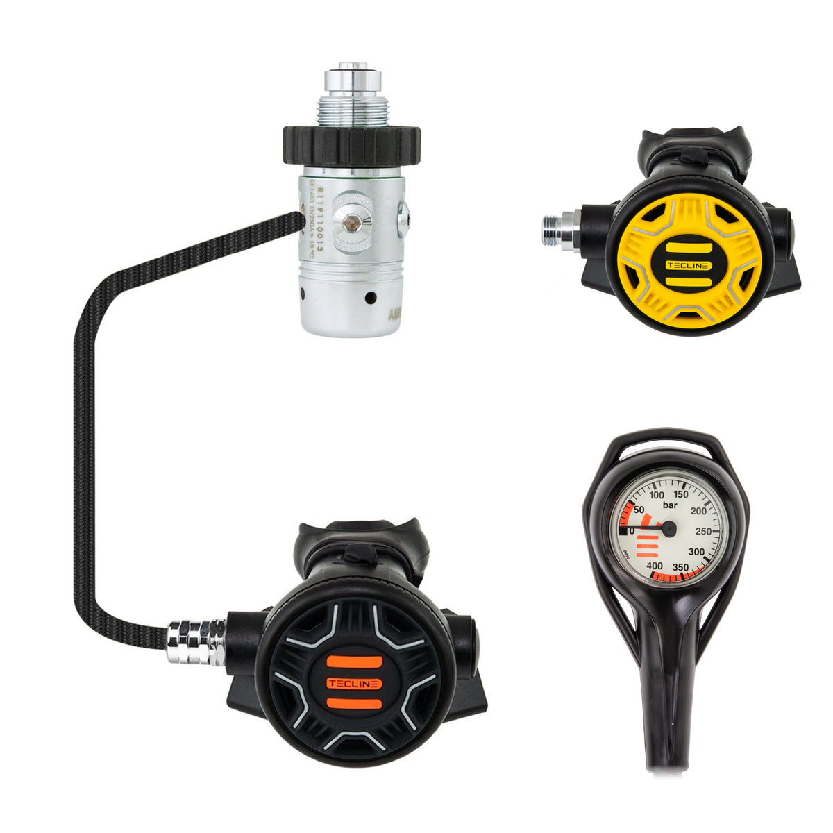 Tecline R1 REC1 regulator with yellow REC1 octopus and EVO pressure gauge