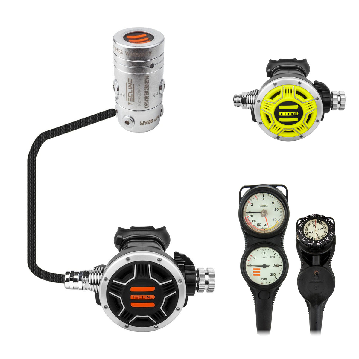Tecline R2 TEC1 regulator with yellow TEC1 octopus and Combo pressure gauge