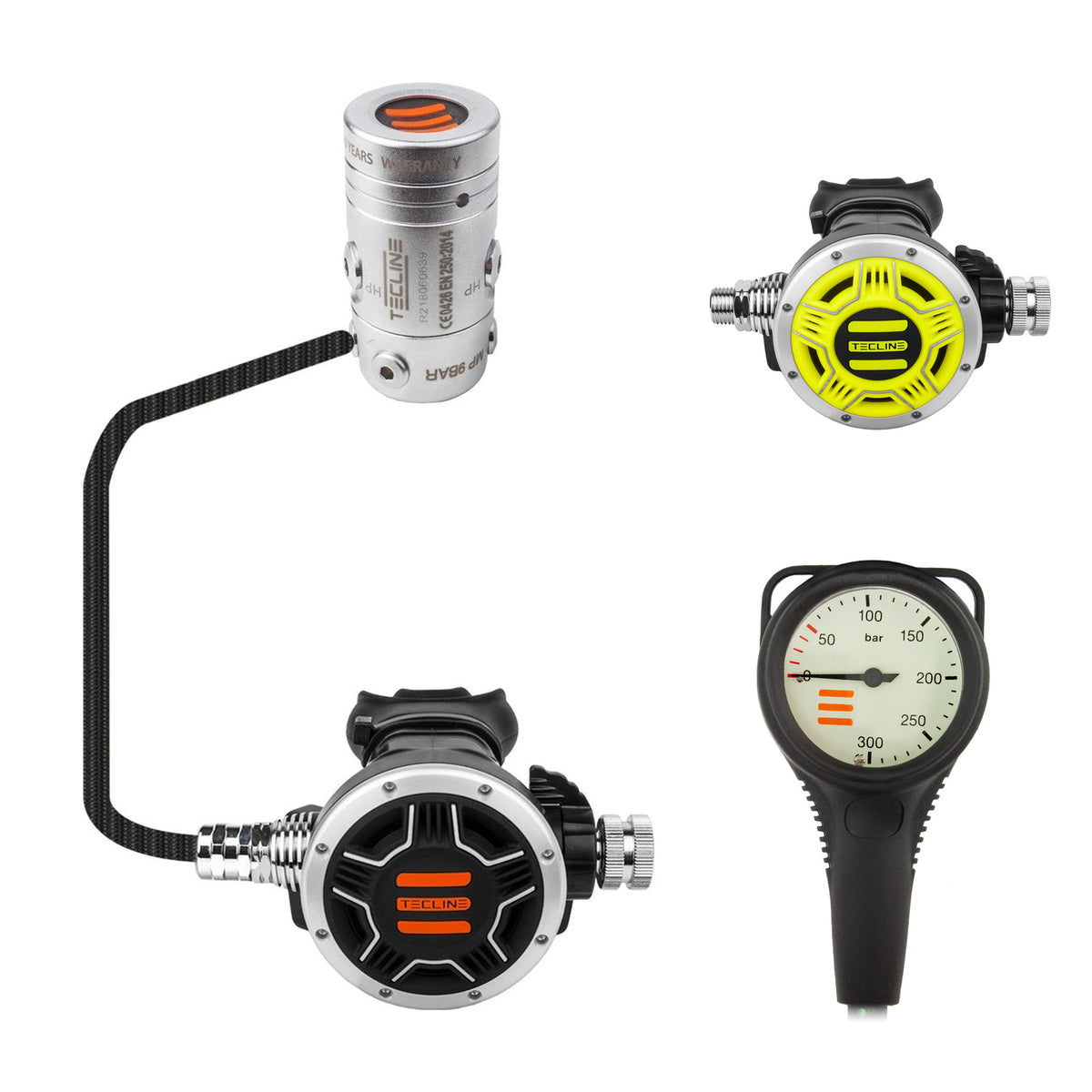 Tecline R2 TEC1 regulator with yellow TEC1 octopus and Combo pressure gauge