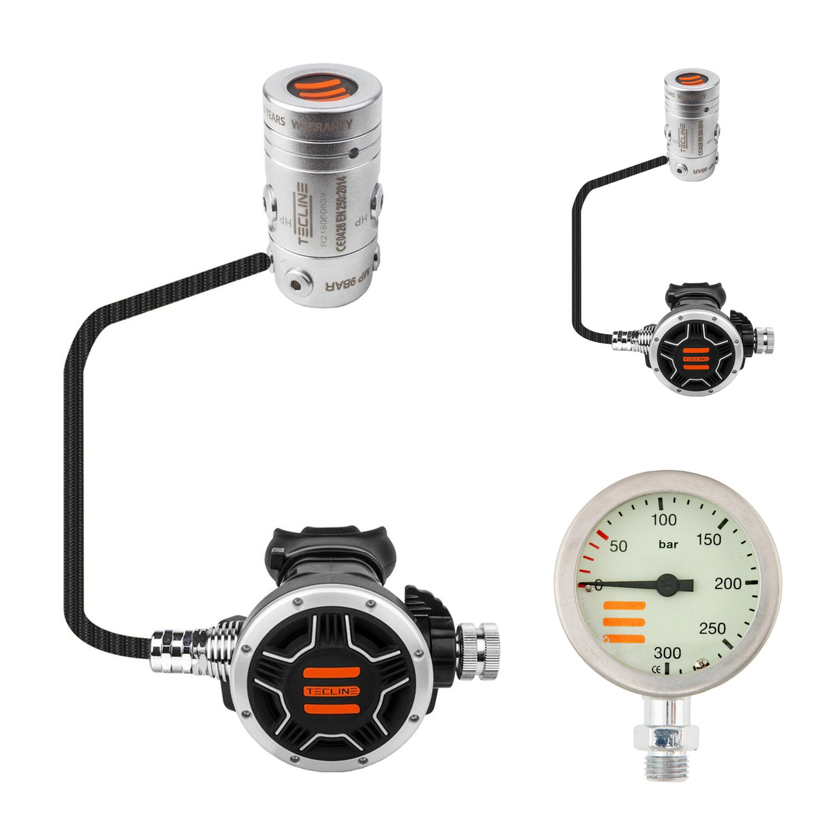 Tecline R2 TEC1 sidemount set: two R2 TEC first stages with black TEC1 second stages and 52 mm chrome pressure gauge