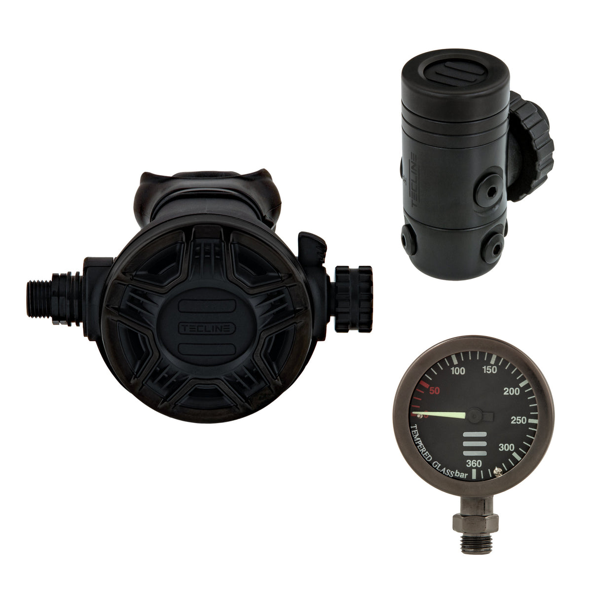 Tecline Sidemount Extreme Military Line set: black R2 TEC Military Line first stage, black TEC2 reversible Military Line second stage and black 52 mm pressure gauge