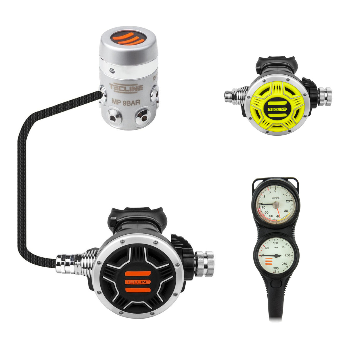 Tecline R4 TEC1 regulator with yellow TEC1 octopus and Combo pressure gauge
