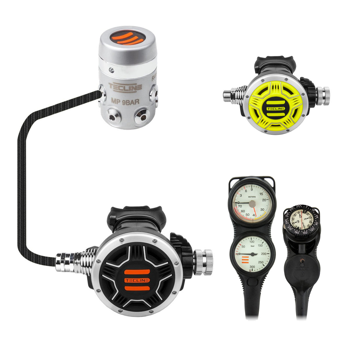 Tecline R4 TEC1 regulator with yellow TEC1 octopus and Combo pressure gauge