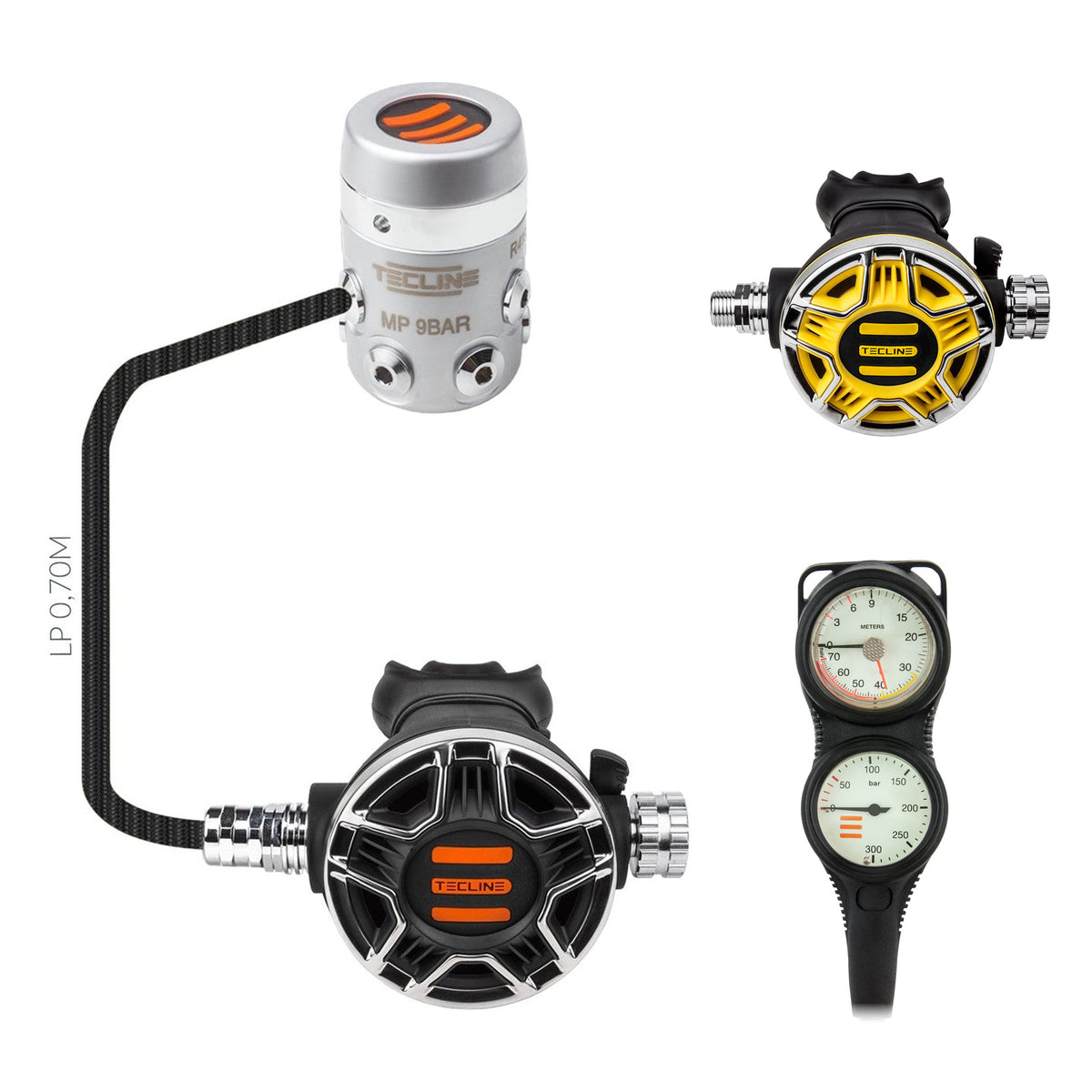 Tecline R4 TEC2 regulator with yellow TEC2 octopus and Combo IIG two-gauge console