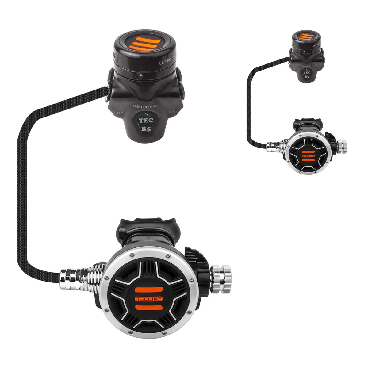 Tecline R5 TEC1 DIR set: two black chrome R5 TEC first stages with black TEC1 second stages
