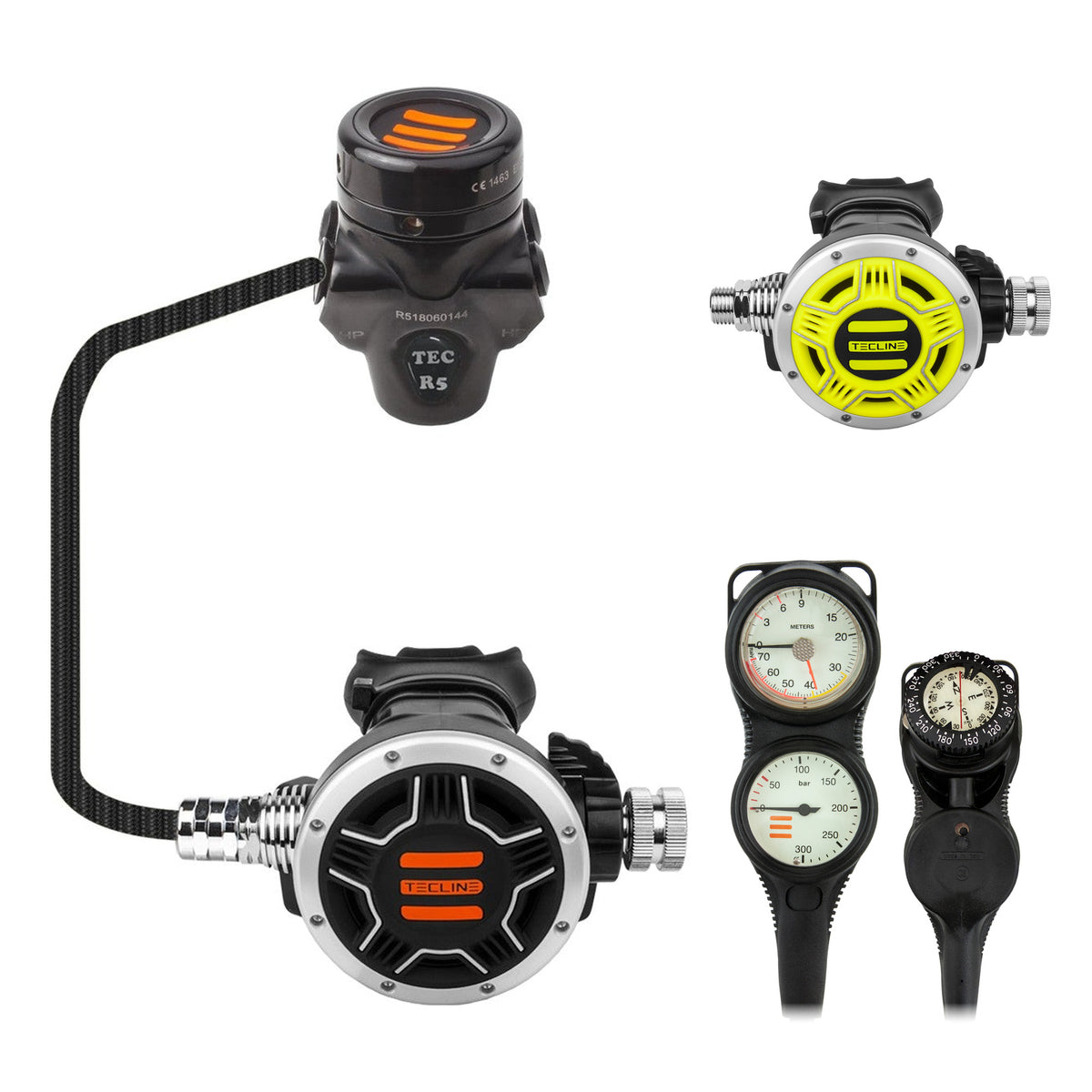 Tecline R5 TEC1 regulator with yellow TEC1 octopus and Combo pressure gauge