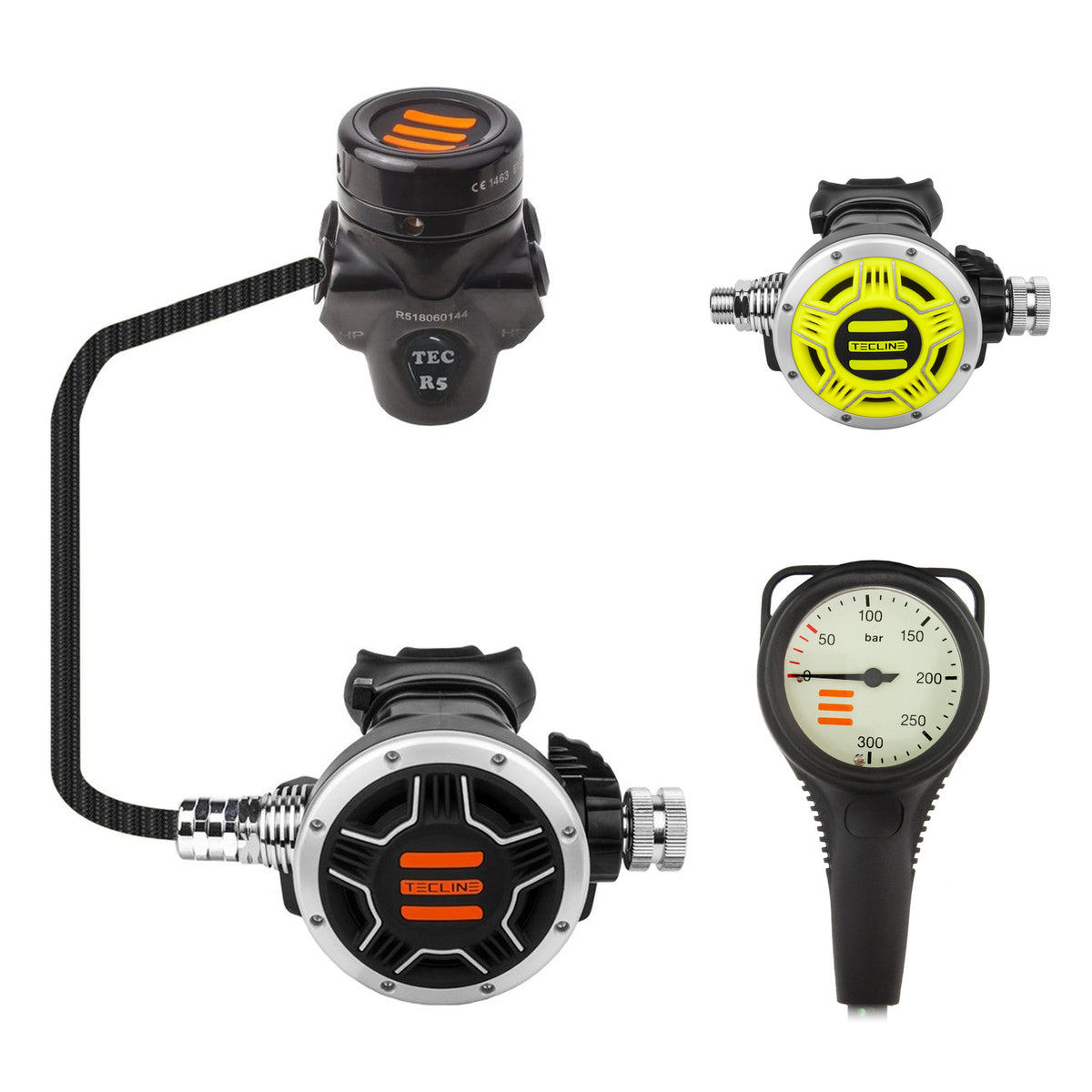 Tecline R5 TEC1 regulator with yellow TEC1 octopus and Combo pressure gauge