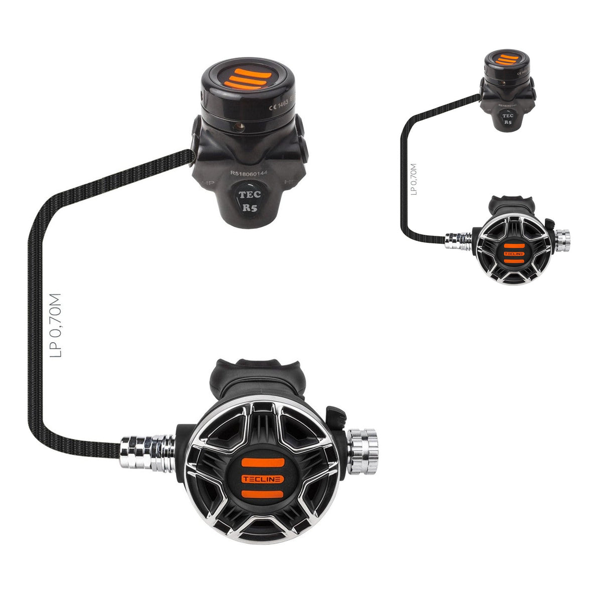 Tecline R5 TEC2 DIR set: two black chrome R5 TEC first stages with black TEC2 second stages