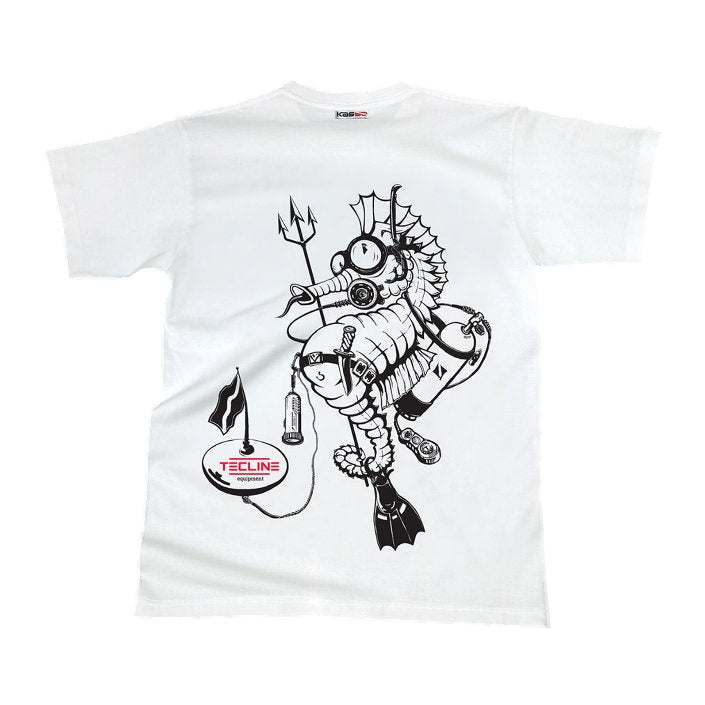 Tecline white Sea Horse T-shirt with a cartoon seahorse in dive kit holding a trident