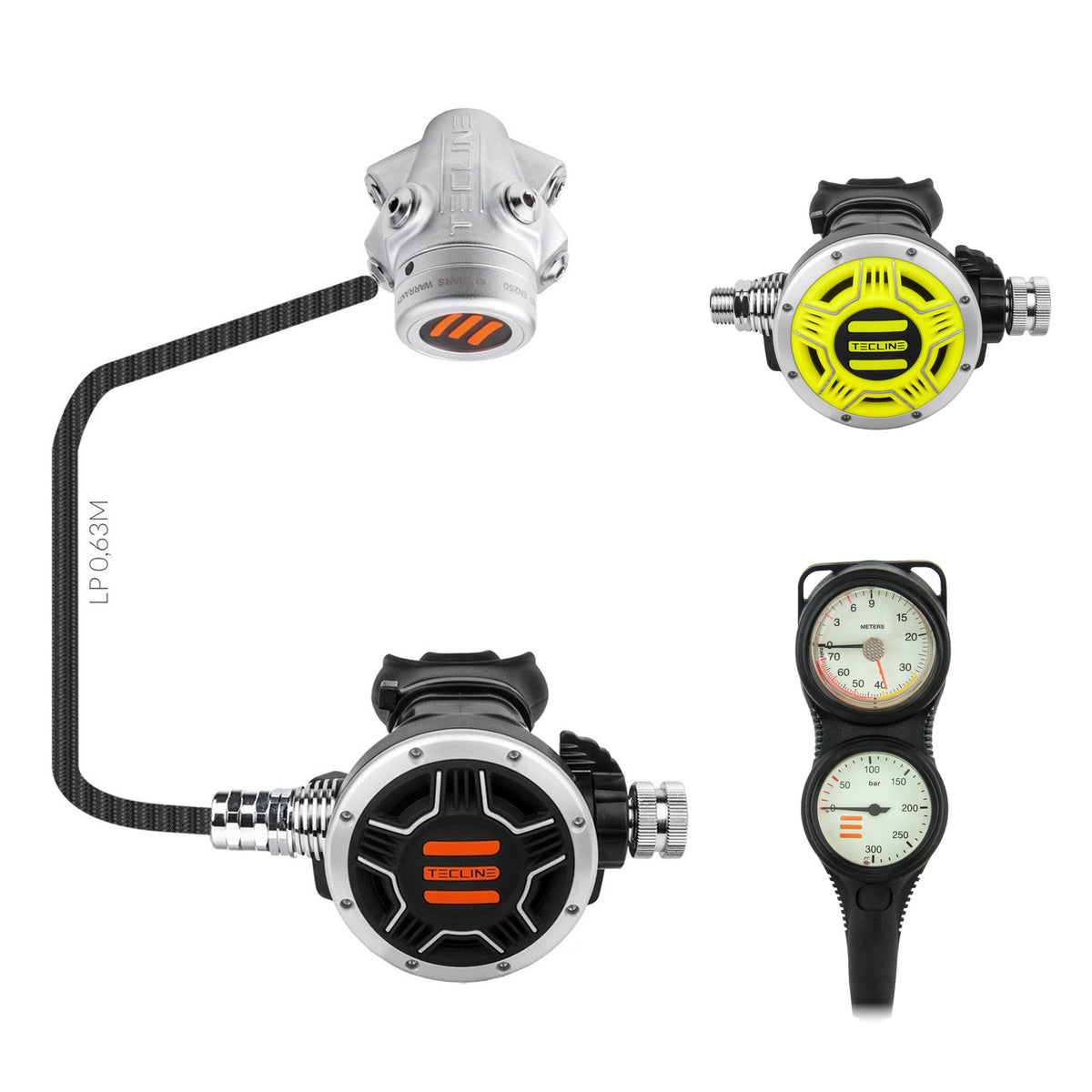 Tecline V1 ICE TEC1 regulator with yellow TEC1 octopus and Combo pressure gauge
