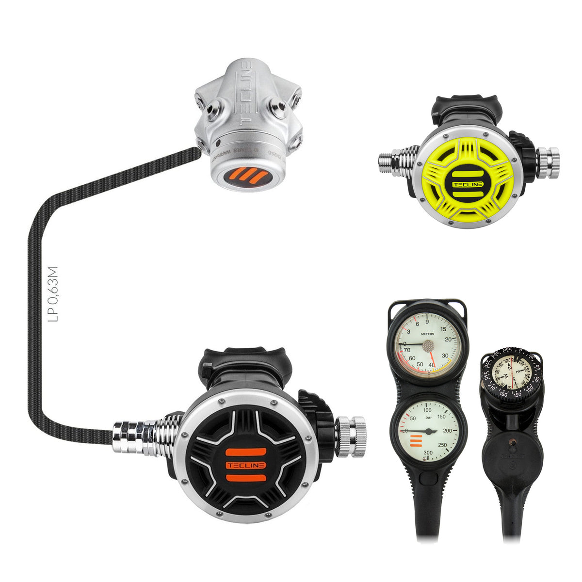 Tecline V1 ICE TEC1 regulator with yellow TEC1 octopus and Combo pressure gauge