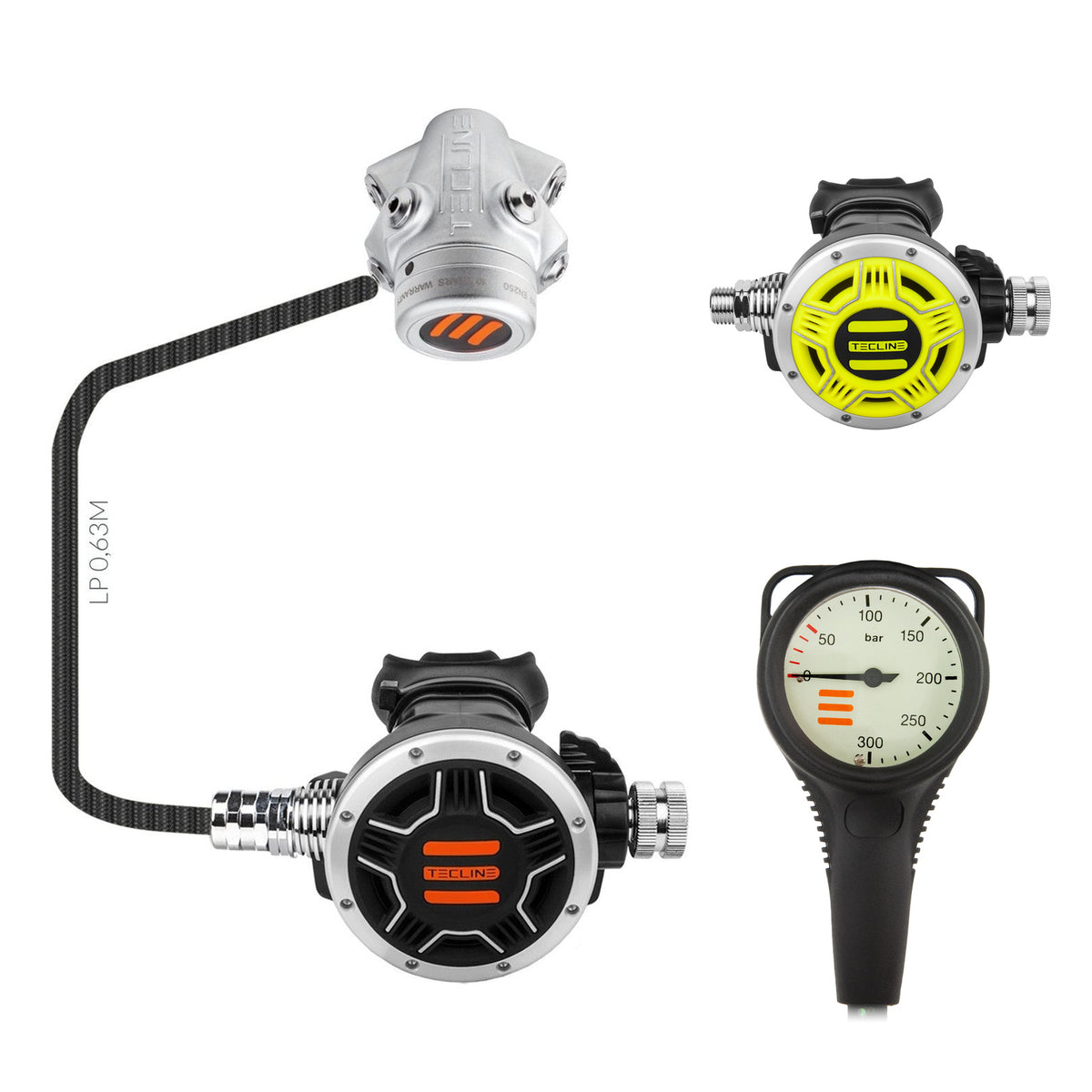 Tecline V1 ICE TEC1 regulator with yellow TEC1 octopus and Combo pressure gauge