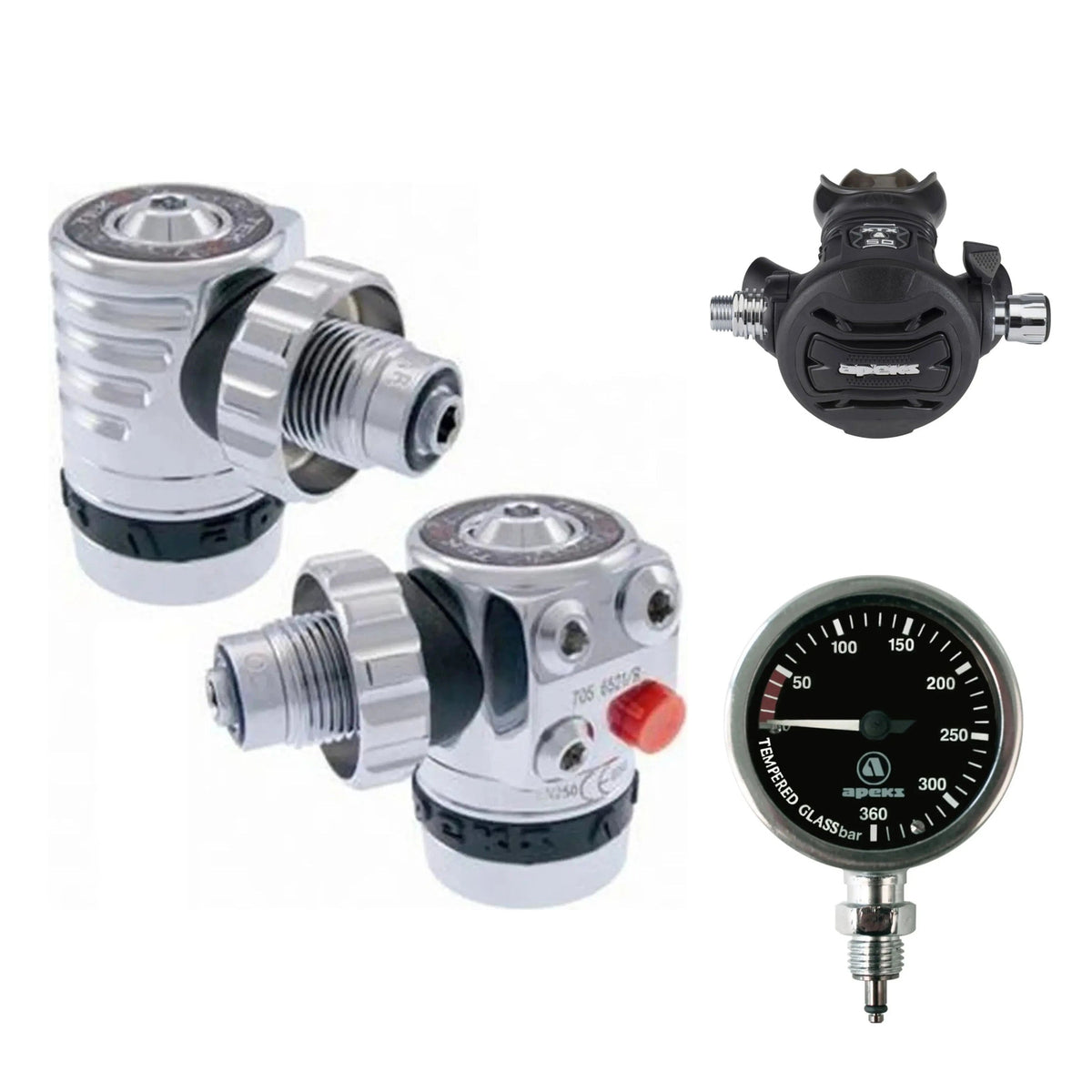 Apeks TEK3 left and right hand first stages, XTX50 second stage and TEK pressure gauge