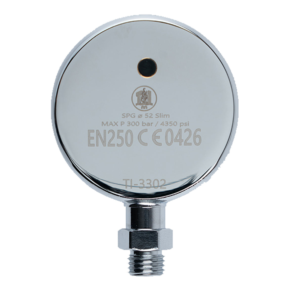 Termo Industria SPG Tech Gauge 52 mm with a double mirror chrome case and 0 to 360 bar dial, front view