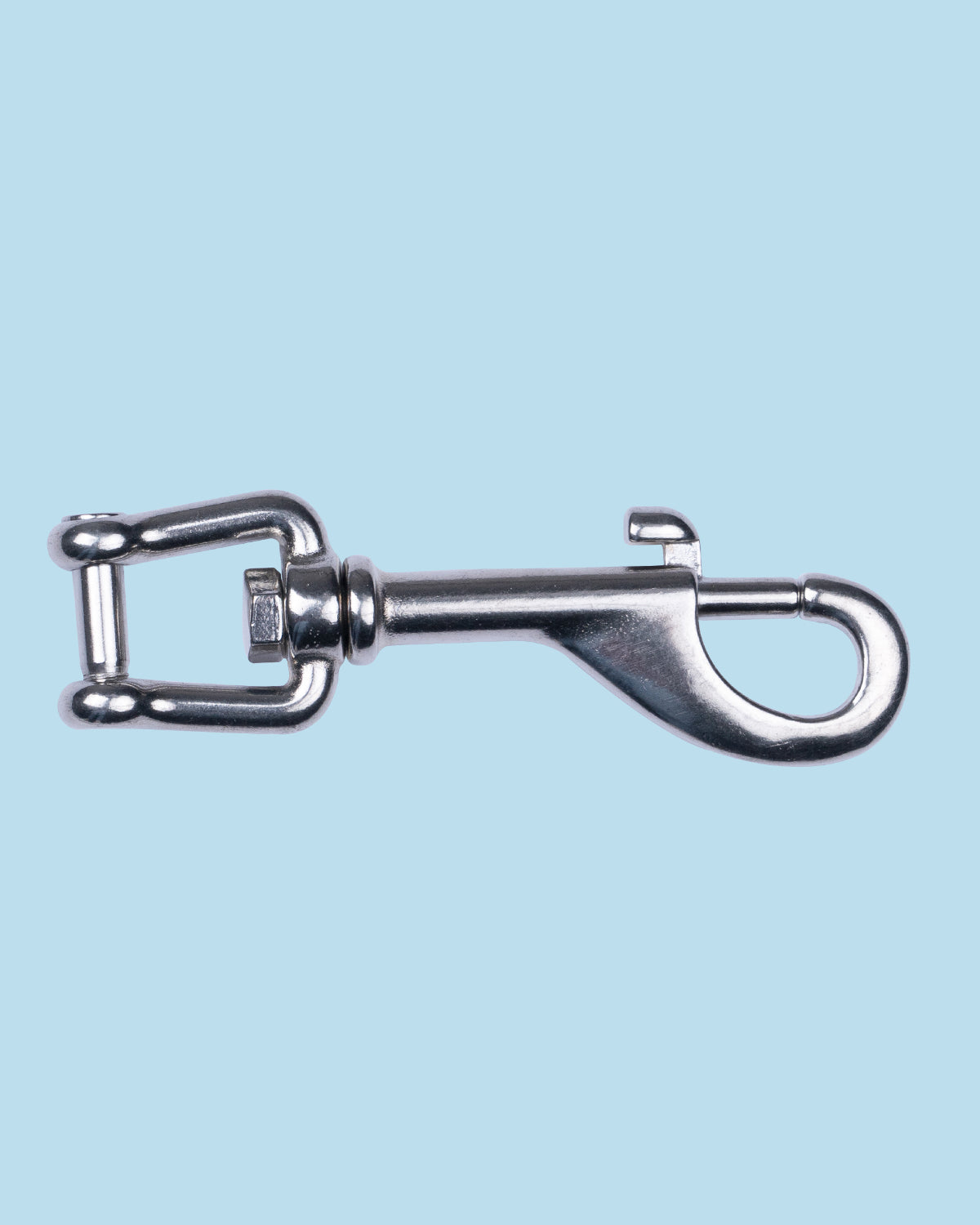 Termo Industria stainless swivel shackle lying flat, showing the gate and swivel