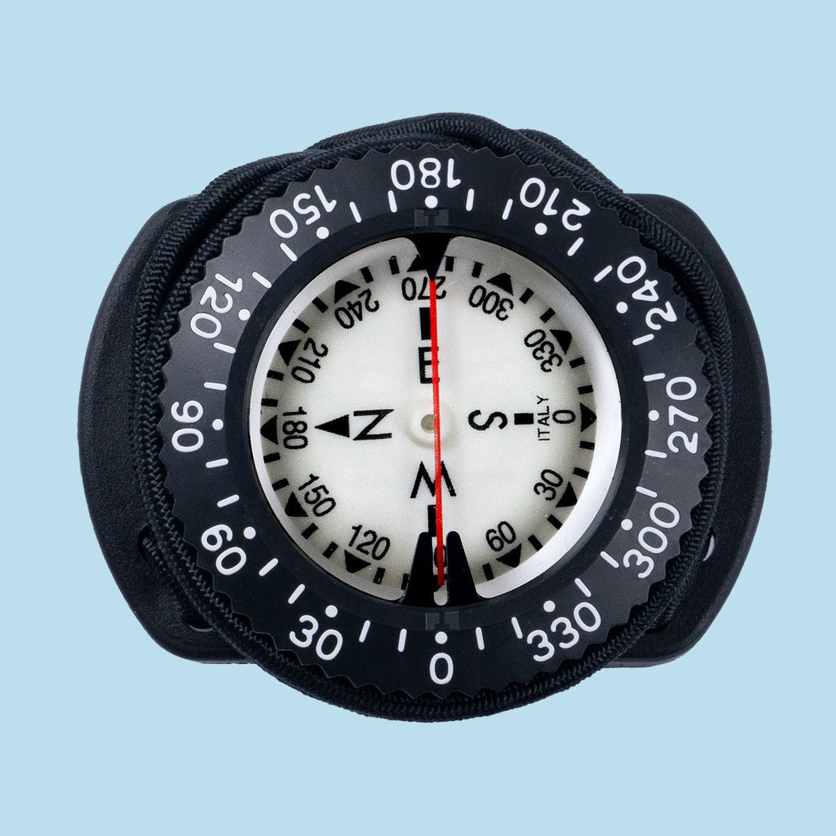 Termo Industria standard compass on a black bungee mount, dial and bezel from above