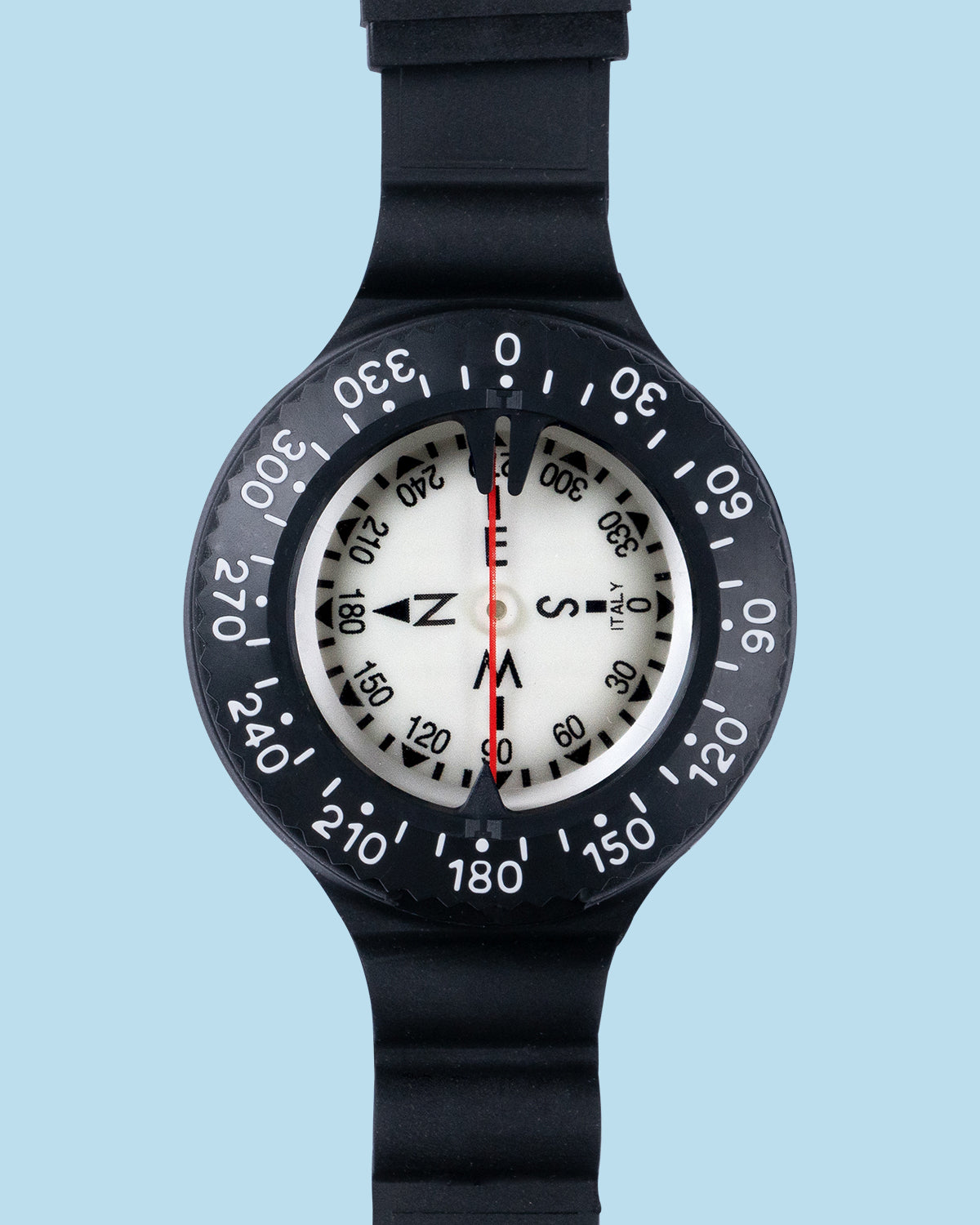 Termo Industria standard compass on a buckle wrist strap, dial from above