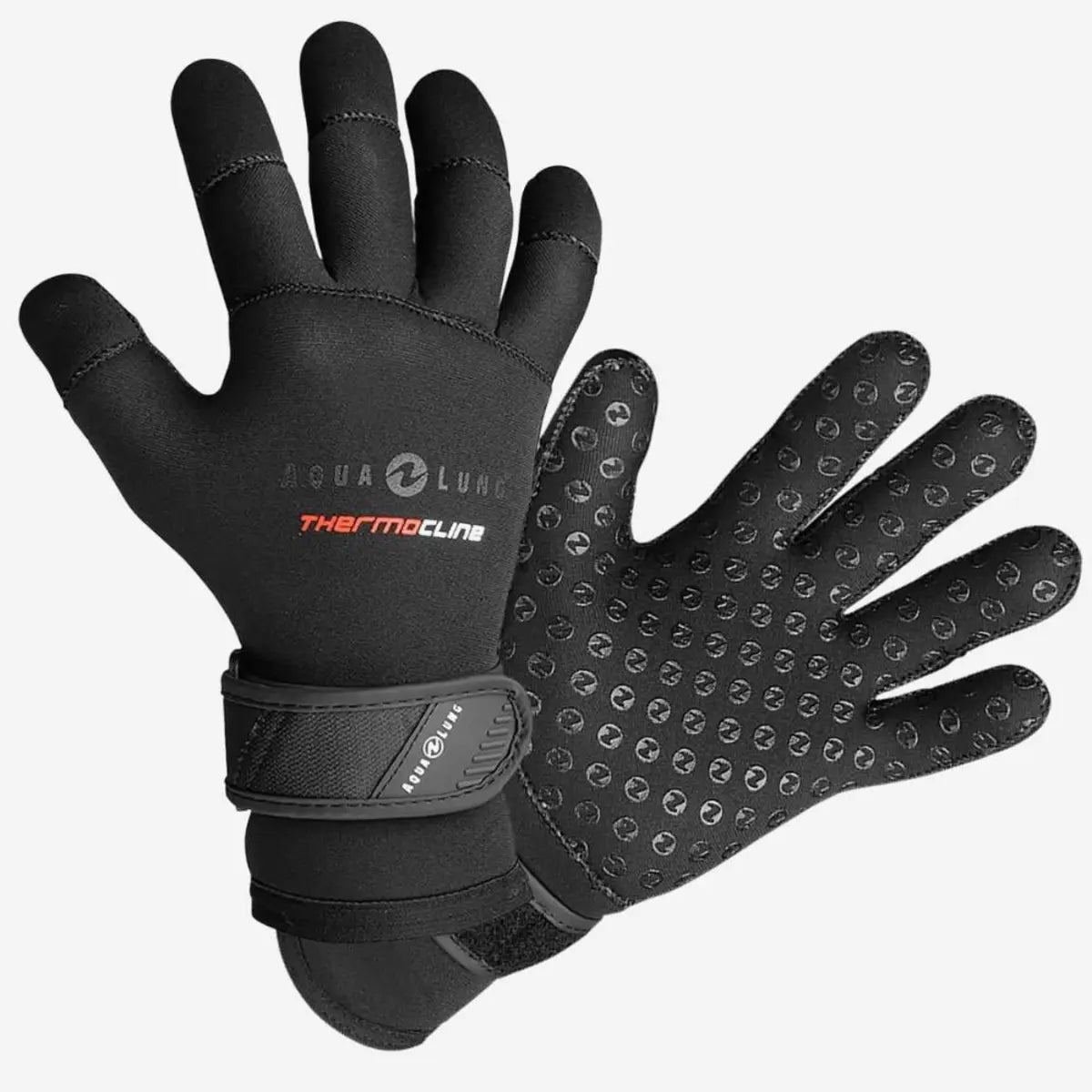 Aqua Lung Thermocline 3 mm dive gloves in black, a pair shown with one back and one dimpled palm facing the camera