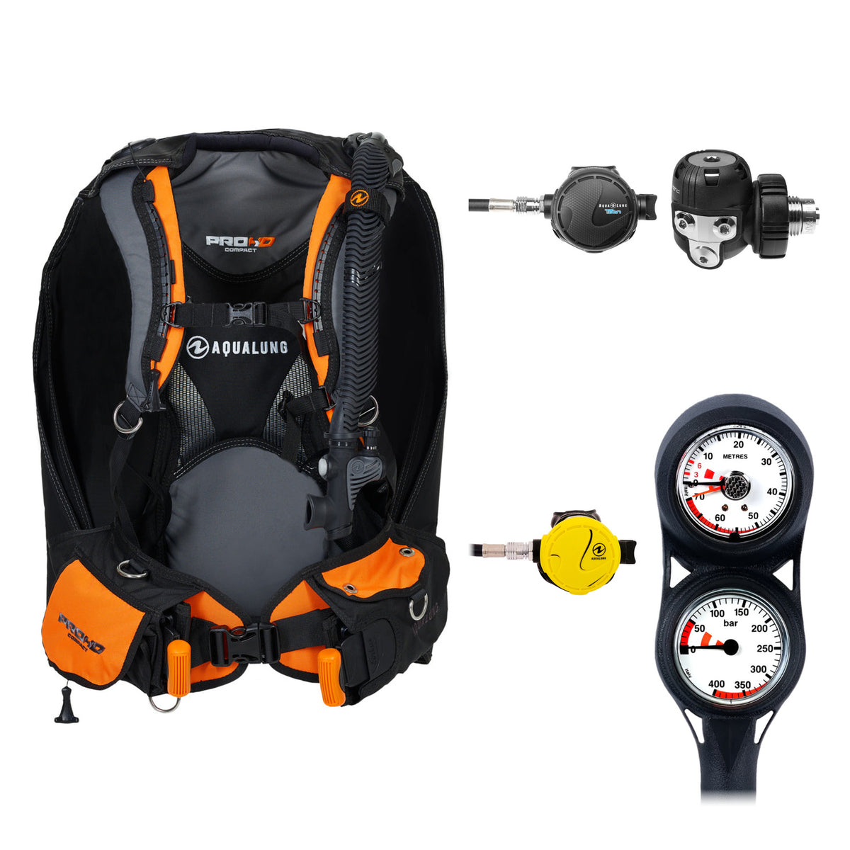 Aqua Lung Pro HD Compact BCD in black and orange, Titan regulator and two-gauge console, with the Octopus Calypso / Titan Classic octopus
