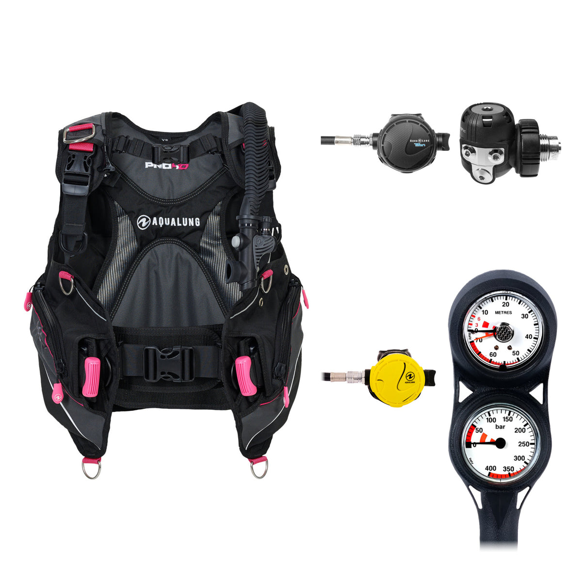 Aqua Lung Pro HD women's BCD in black and pink, Titan regulator and two-gauge console, with the Octopus Calypso / Titan Classic octopus