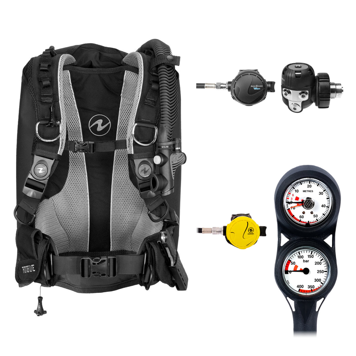 Aqua Lung Rogue BCD in black and grey, Titan regulator and two-gauge console, with the Octopus Calypso / Titan Classic octopus
