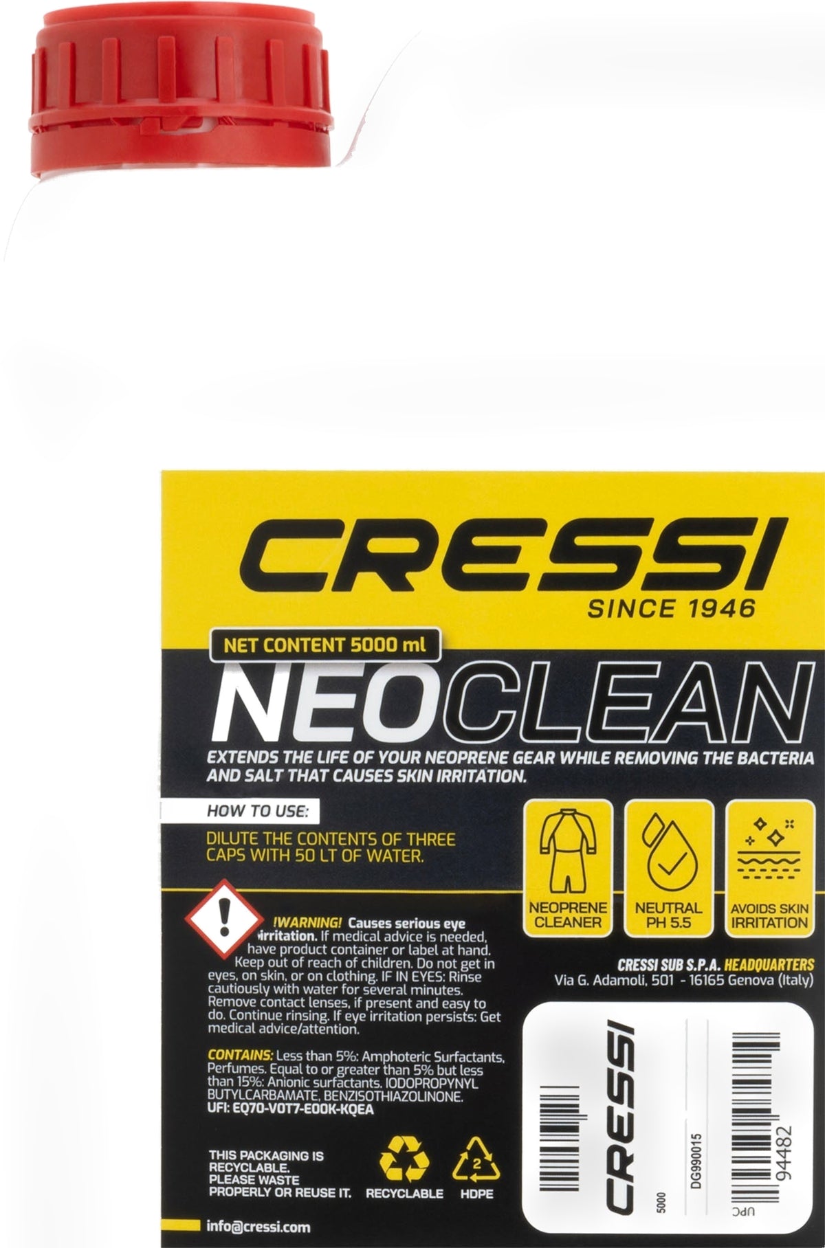 Close view of the five-litre Neoclean label and its dilution instructions
