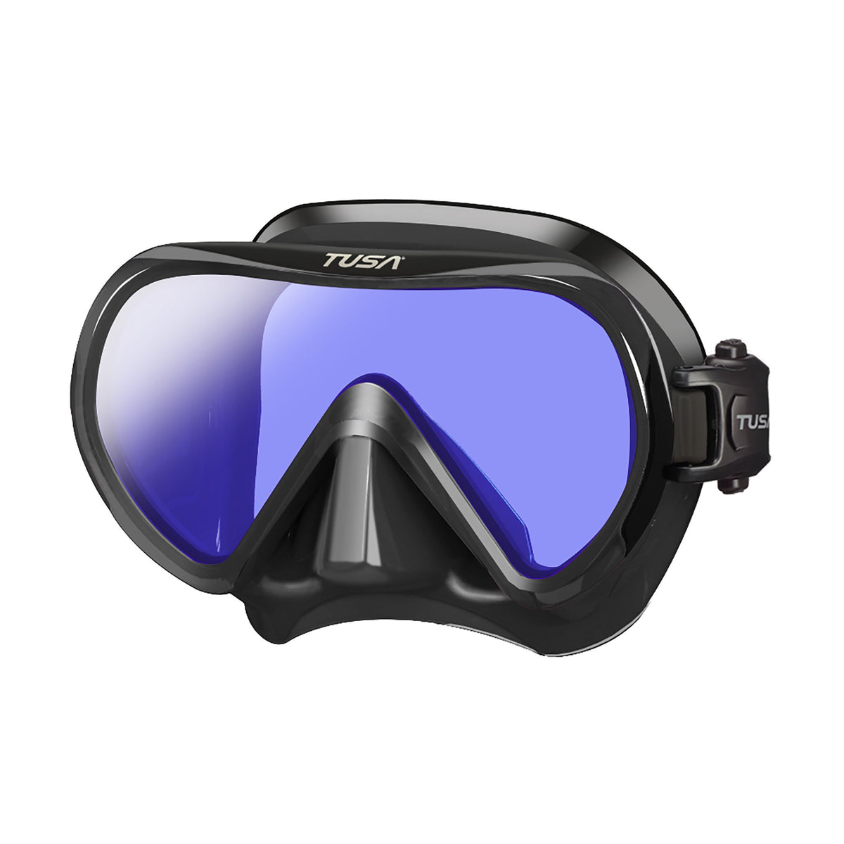 Tusa Ino Pro mask with black silicone, Fishtail Blue frame and coated lens