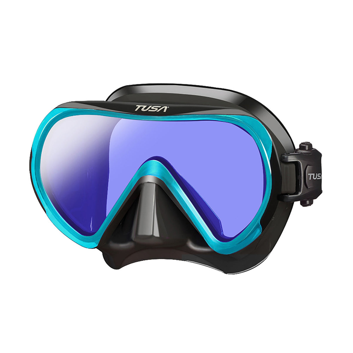 Tusa Ino Pro mask with black silicone, Fishtail Blue frame and coated lens