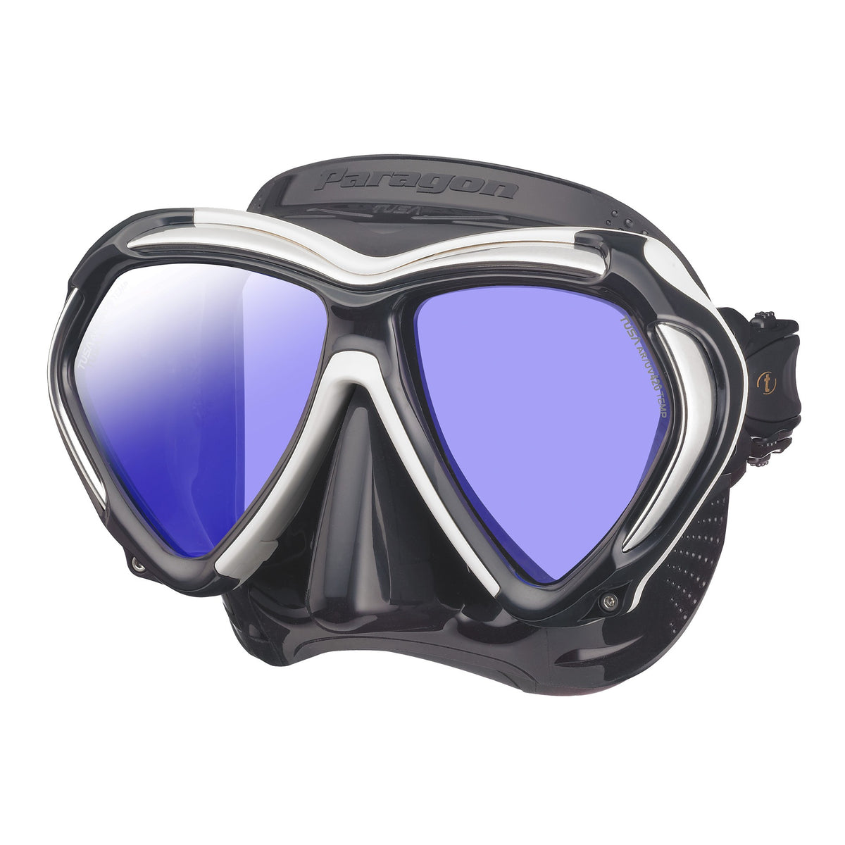 Tusa Paragon mask, black silicone with white frame accents