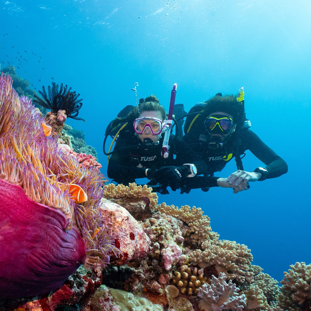 Divers over a reef wearing Tusa Paragon masks