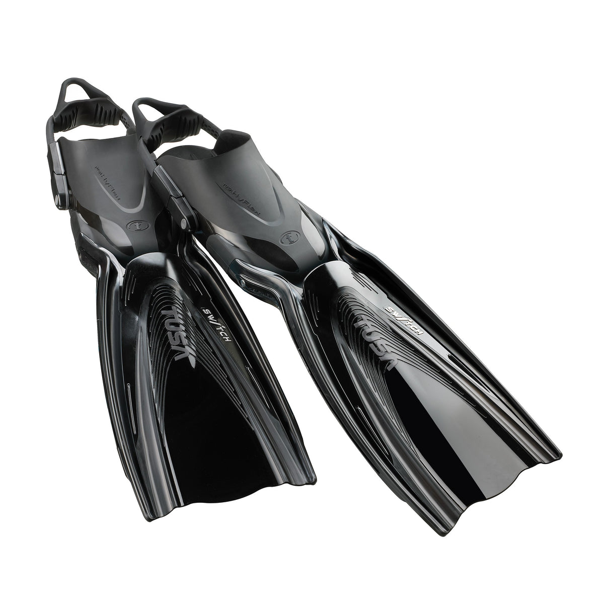 Tusa Hyflex Switch fins in Fishtail Blue, pair shown with black bungee straps