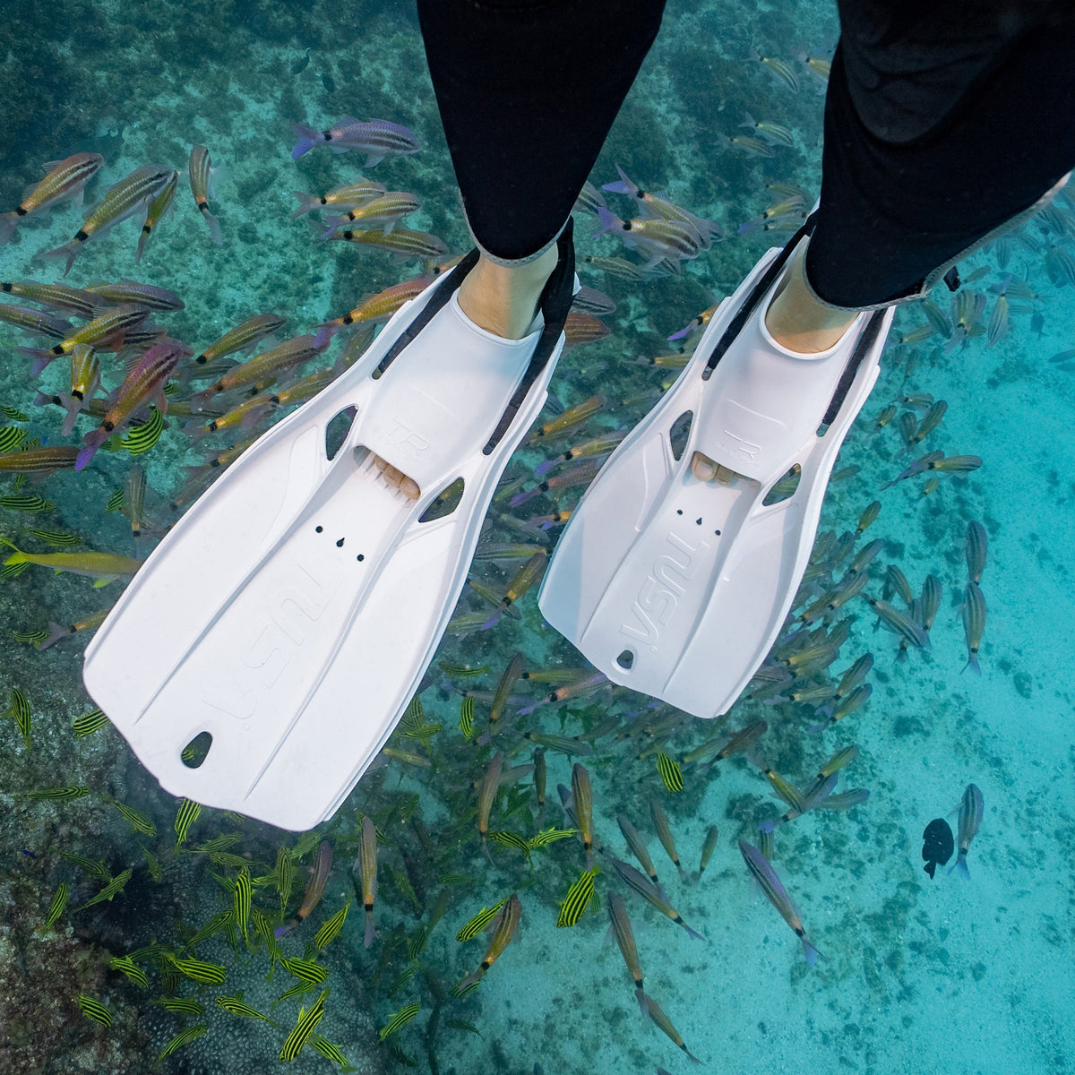 Pair of black Tusa Travel Right fins