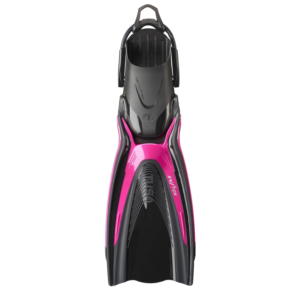 Single Tusa Hyflex Switch fin in Raspberry Pink viewed from above
