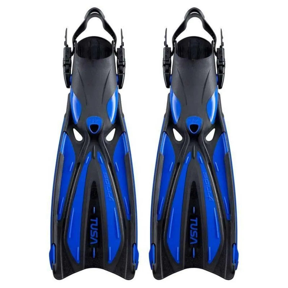 Pair of black Tusa Solla open heel fins with buckle straps