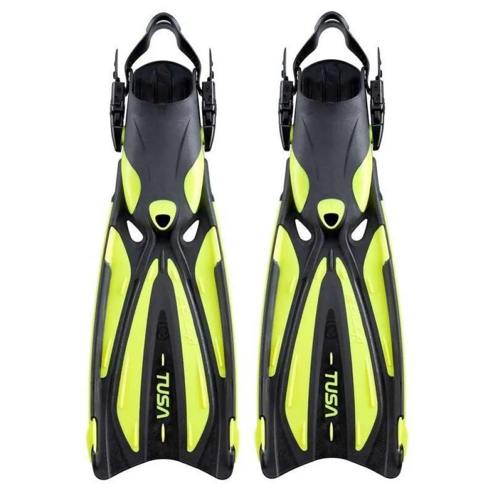 Pair of black Tusa Solla open heel fins with buckle straps