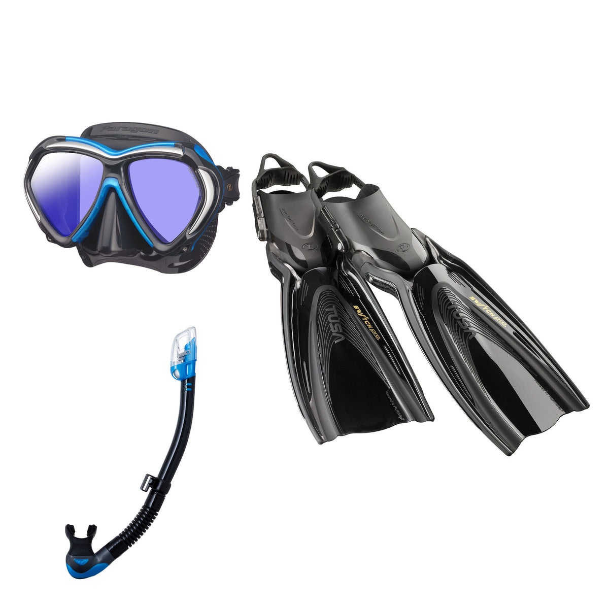 Tusa Paragon mask and Hyperdry Elite II snorkel in black, with Hyflex Switch Pro fins in black